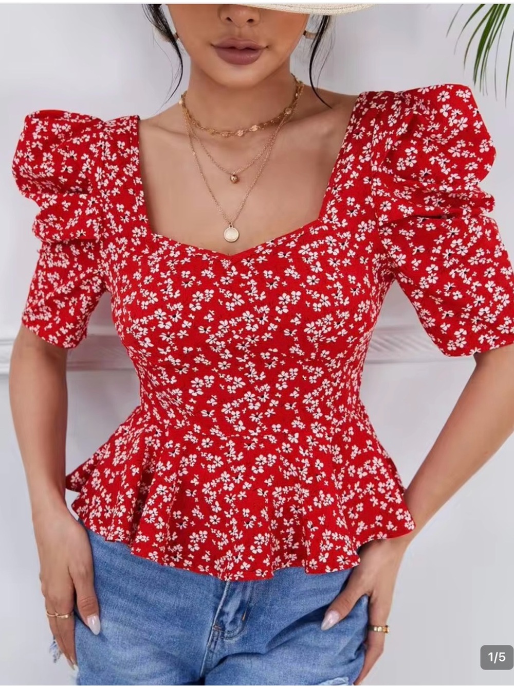 SHEIN Ditsy Floral Print Sweetheart Neck Puff Sleeve Peplum Blouse sz L